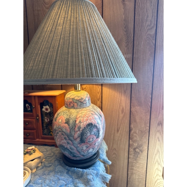 This is a vintage Frederick Cooper style porcelain ginger jar table lamp with a pleated shade. 