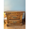 Image 1 :  rustic oak two-drawer nightstand with brass drawer pulls.   