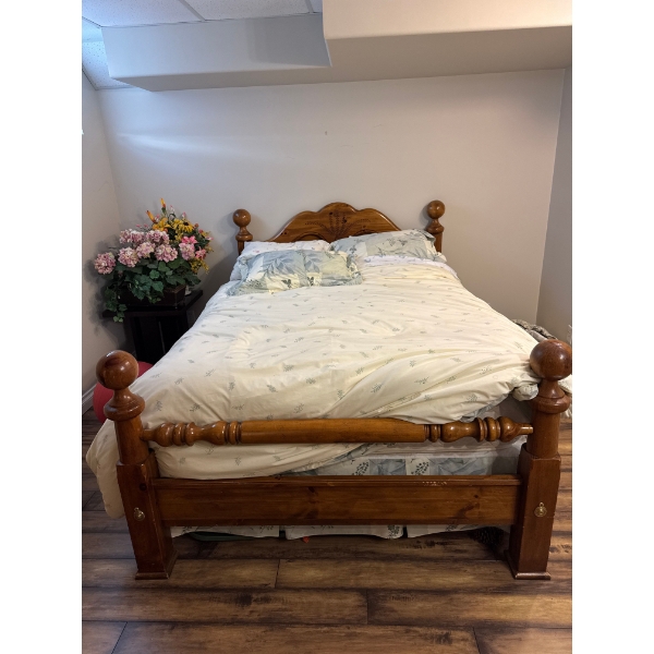 Vintage wood queen bed frame, heavy duty with mattress and box spring