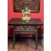 Image 1 : Antique Chinese Carved Wood Table with Brass Hardware, 39"W x 21"D x 34"H