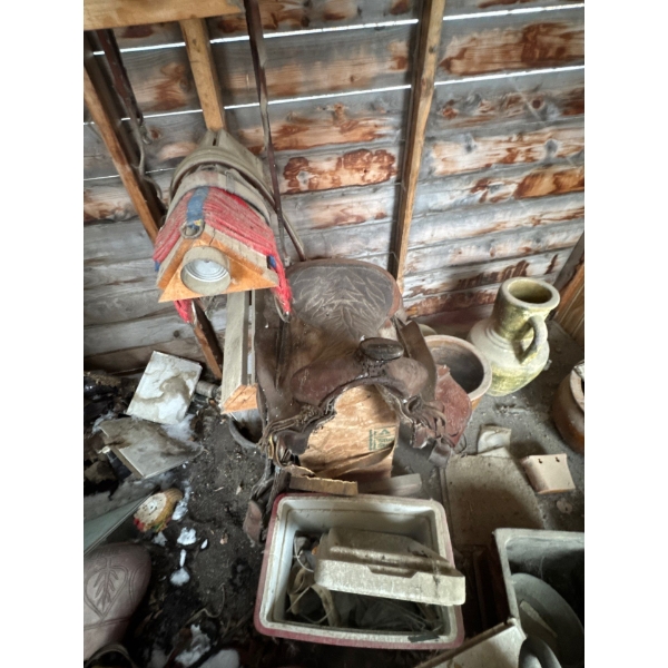All contents in shed are included, a collection of vintage horse tack and audio equipment