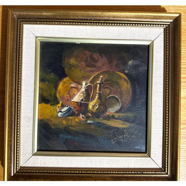 vintage oil painting on canvas depicting a still life scene with brass or copper vessels and plates