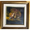 Image 1 : vintage oil painting on canvas depicting a still life scene with brass or copper vessels and plates