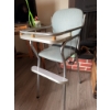 Image 4 : High chair with chrome metal frame, light blue upholstered vinyl seat and back, white footrest, and 