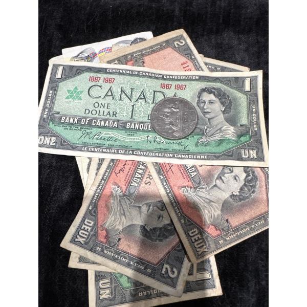 10 DOLLARS OF VARIETY OF 1954/1967 1&2$ BILLS AND 1 NICKEL DOLLAR 1969 