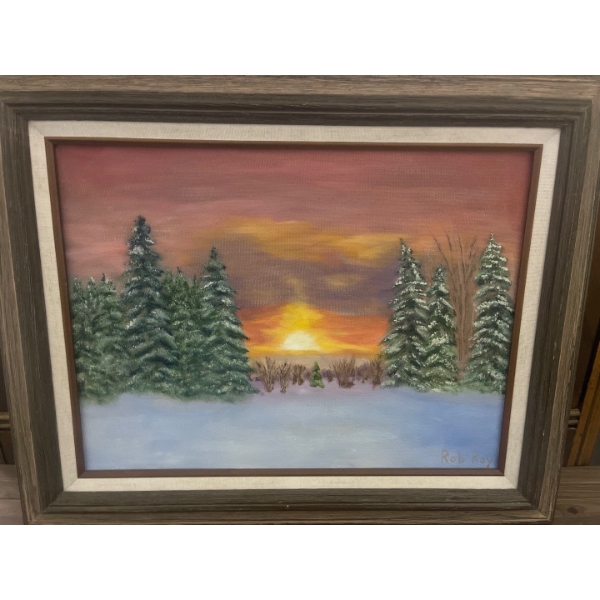 Bob Ross' Style Framed Winter Landscape Oil Painting  Artist Unlnown