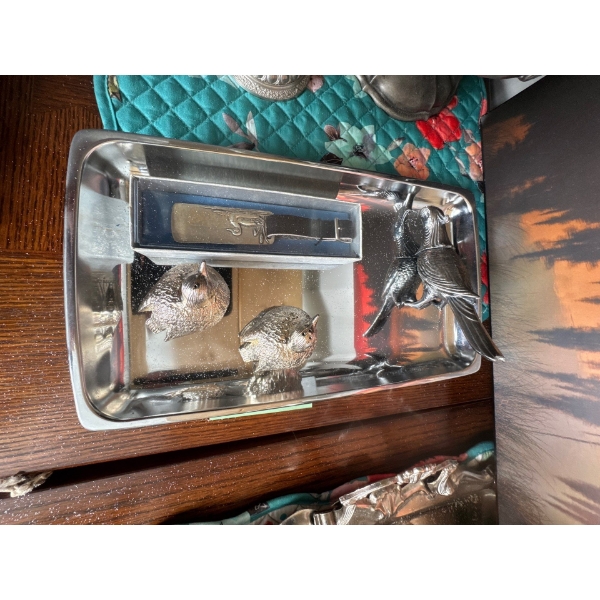 vintage pewter salt cellar shaped like a Viking boat, likely produced in Norway by a manufacturer ma