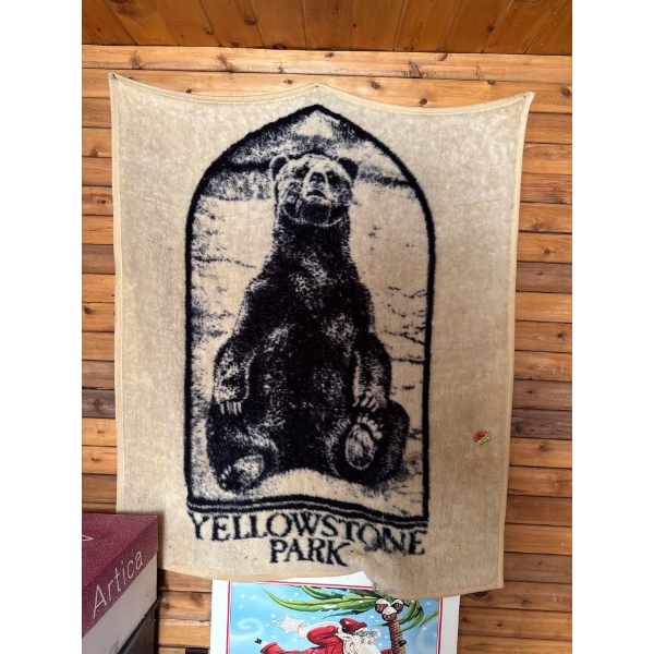  vintage Biederlack Yellowstone Park bear throw blanket, featuring a black bear design in a tan and 