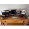 Image 1 : Two Old Hickory knives, a western rodeo-themed metal belt buckle, a wooden bar cart with casters and