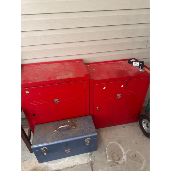 Two vintage Beach Industries red toolboxes and one blue handheld carry toolbox
