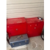 Image 1 : Two vintage Beach Industries red toolboxes and one blue handheld carry toolbox