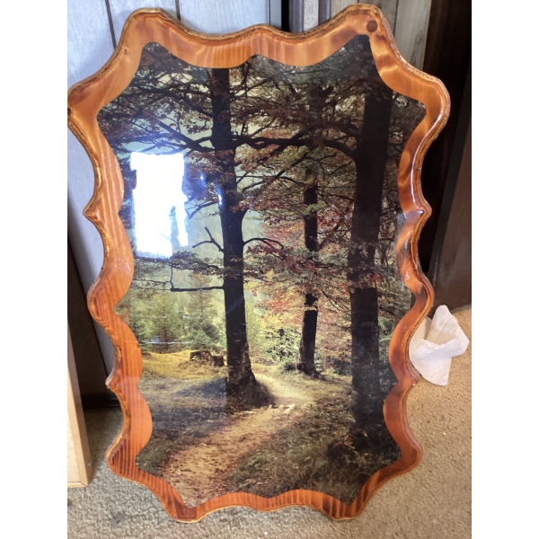 vintage 70's groovy wood lacquered forest image wall hanging plaque. 