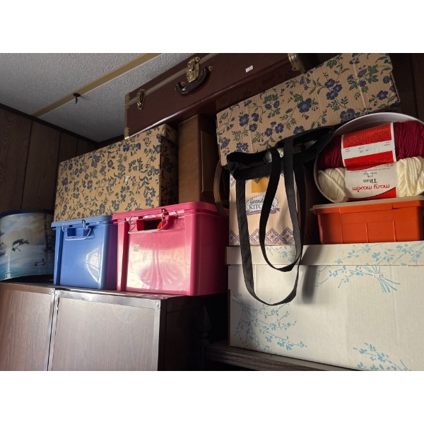  Knitting supplies, multiple boxes, vintage suitcase. Unknown items inside.