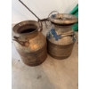 Image 2 : Two vintage metal milk churns. One churn is painted with blue and has yellow lettering "A.S. ALFRED 