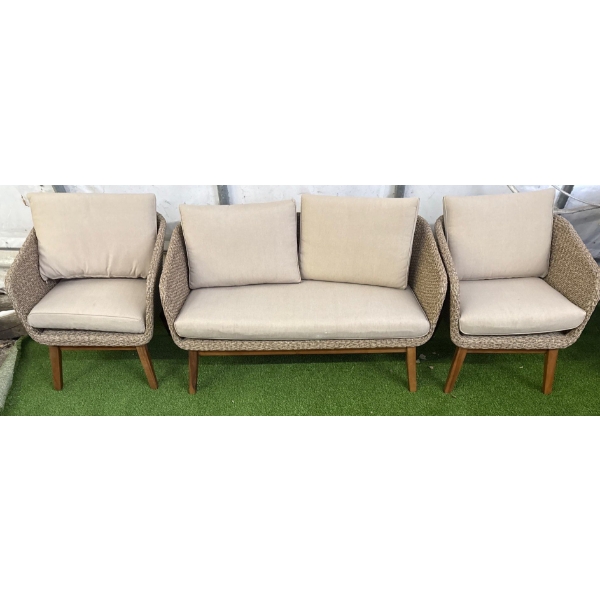 Mid Century Modern Style Outdoor Living Wicker Furniture w/Cushions  Two Seater Sofa & Two Arm Chair