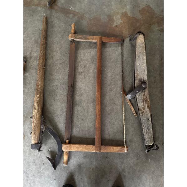 Vintage woodworking tools log flipper handsaw pull behind pull behind cart for older hand tools