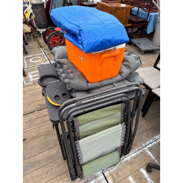 VERY NICE SINGLE AIR MATTRESS AND FOOT AIR PUMP COLEMAN POLY LIGHT COOLER AND TARP AND RECLINER CHAI