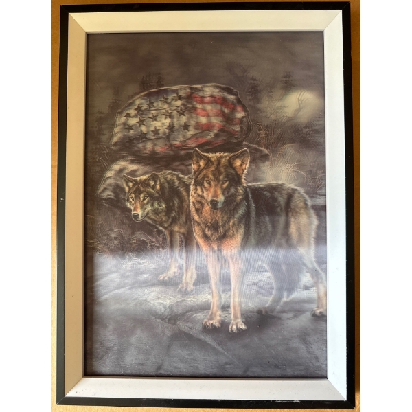 This  is a framed print titled "Spirit of Freedom," featuring two wolves in front of a rock formatio