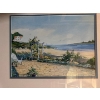 Image 2 :  framed and matted watercolor painting featuring a coastal scene with a garden path, stone wall, and