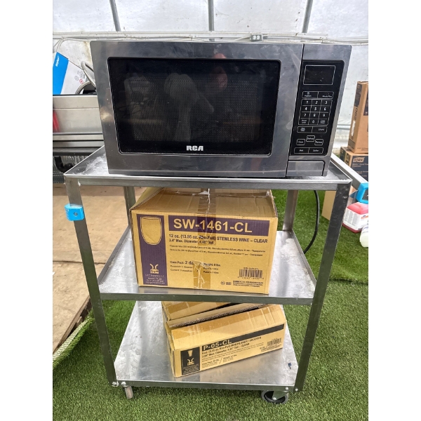 RCA Microwave & G.E.T Enterprises Plastic Stemless Glasses ++ Rolling Metal Cart