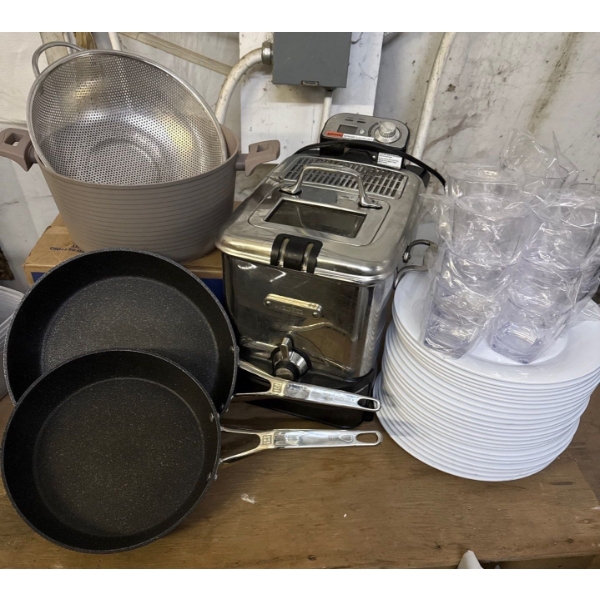Collection Of Assorted Kitchen Items- Pans, Strainer, Deep Fryer, Cups, Plates & More