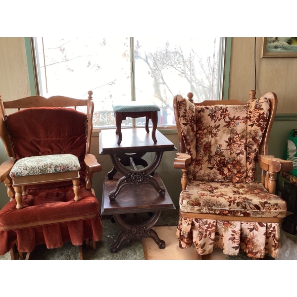 antique gliders, antique tables, and footstools.