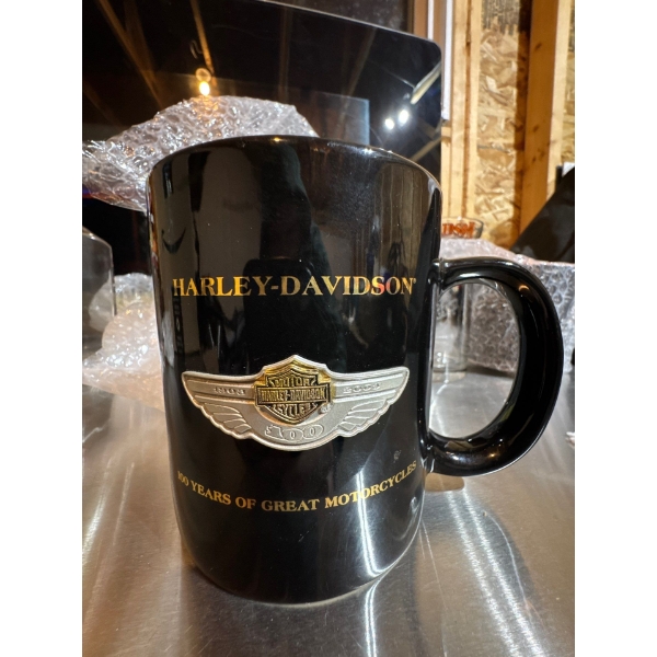 Harley Davidson, black and gold, hundred years of great motorcycles, coffee mug.
