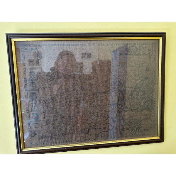  framed decorative reproduction of a historical map showing a part of Suffolk, likely based on a 17t