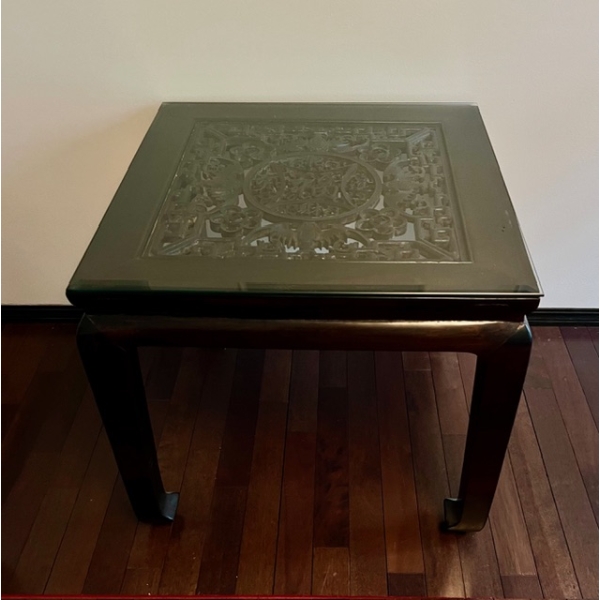 Chinese Style 24x24" Wooden Side Table With Glass Top and Carved Panel Insert