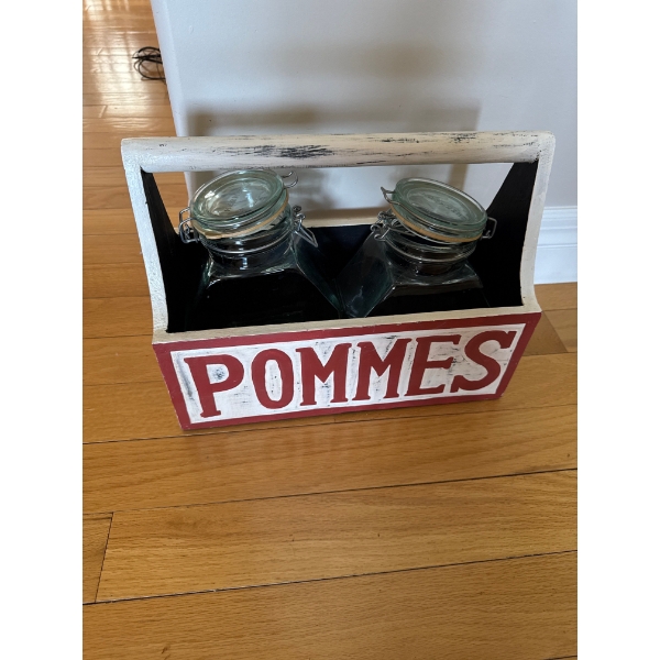 a rustic wooden kitchen caddy featuring two glass storage jars and the word "POMMES" printed on the 