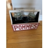 Image 1 : a rustic wooden kitchen caddy featuring two glass storage jars and the word "POMMES" printed on the 
