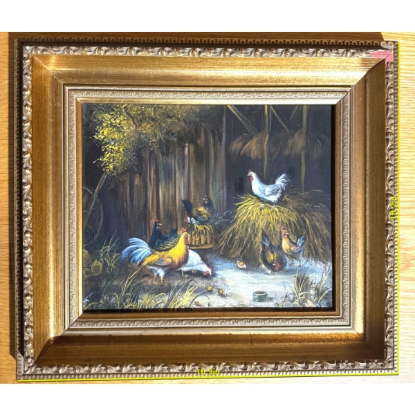 intage oil painting on canvas depicting a barnyard scene with chickens, commonly in the style of art