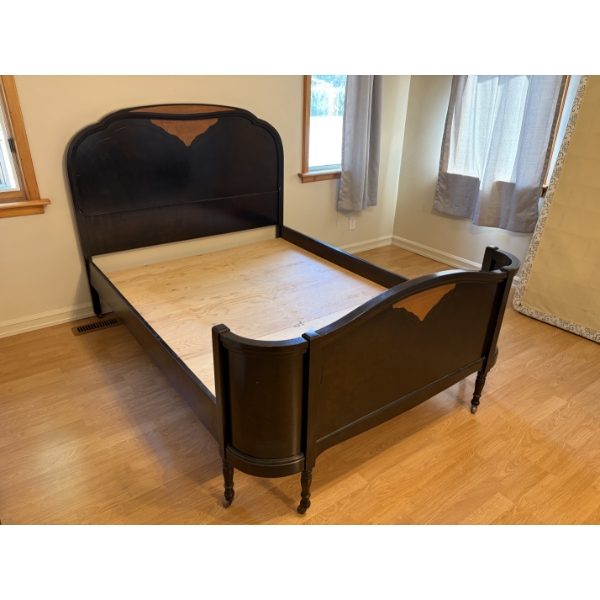 Wooden double  bed frame with a decorative wood inlay feature on both the headboard and footboard. T