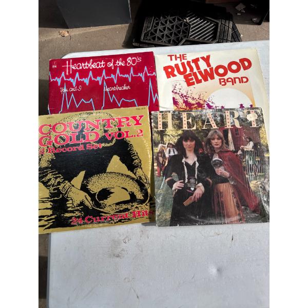 Four vintage records - Country Gold Vol 2, Heartbeat of the 80's, The Rusty Elwood Band and Heart