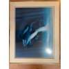 Image 1 : Framed print depicting a group of orca whales swimming underwater. The print uses blue tones and inc