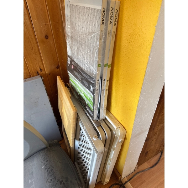 Three adjustable pet gates, one foldable tv dinner stand and 3 NOMA filters