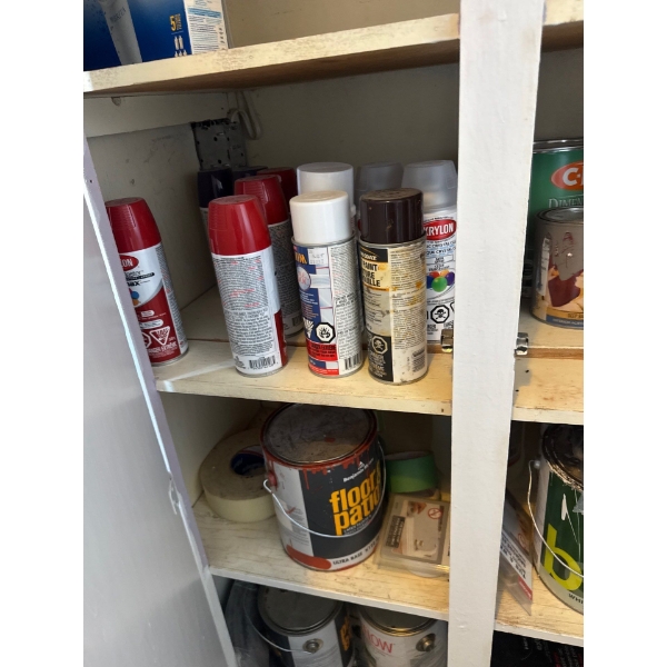 Miscellaneous items in the right cabinet of the laundry room, items include spray paint, pant, paint