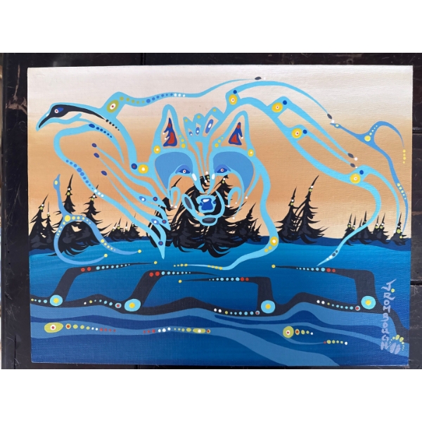 painting featuring a wolf, likely in a contemporary Woodlands style, which is prominent in Indigenou