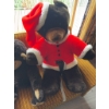 Image 1 : Plush bear wearing a Santa Claus jacket and hat, alongside a plush monkey. Both items are made of sy