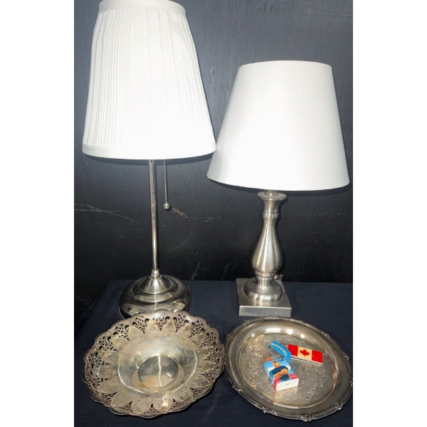 Two Tested Chrome Metal Lamps w/ Silver Plated Dishes & Camel Lighter