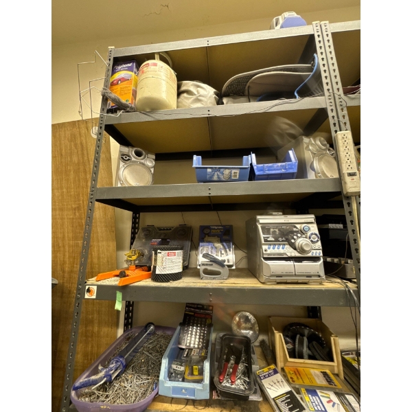 All items on all four shelves, batteries, nails, tools, MasterCraft angle grinder accessory kit, aut