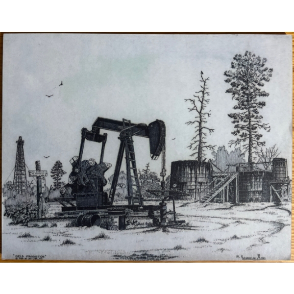vintage litho print entitled "Old Timers" by Texas artist Al Richardson, featuring oil derricks from