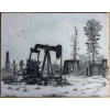 Image 1 : vintage litho print entitled "Old Timers" by Texas artist Al Richardson, featuring oil derricks from