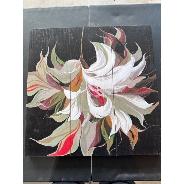Flower painting on wood. 23 and a quarter wide by 23 and a quarter wide.