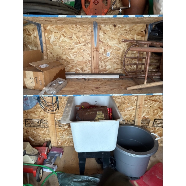 Shed all contents included, including all hand tools in the left side, and walker and lawnmower.