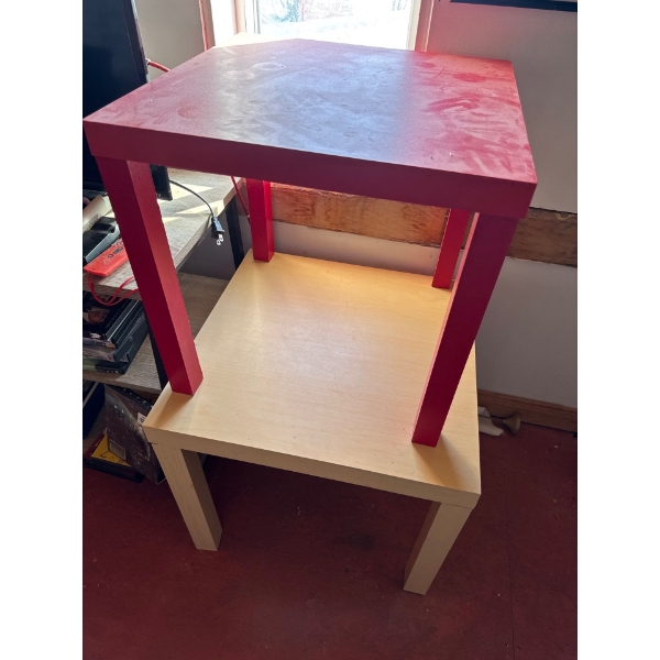 Two small tables, side tables. One red, one white. 18 by 18 by 17 tall.