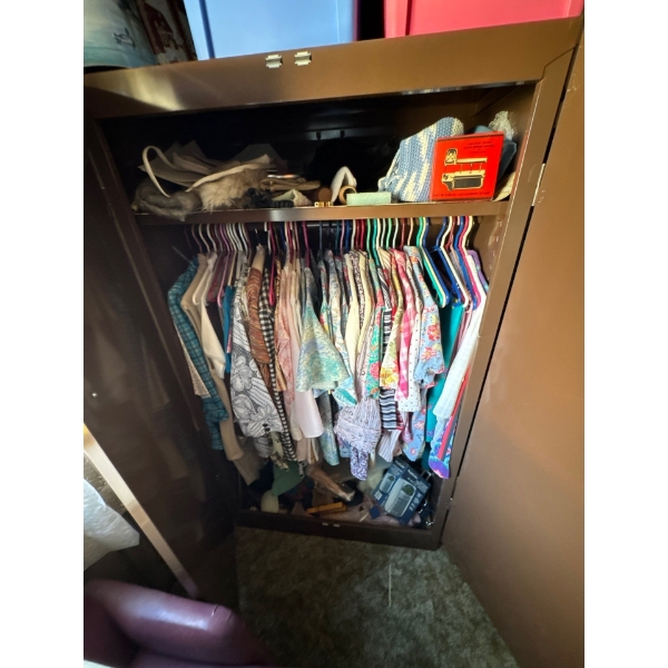 Metal cabinet with vintage clothing,  magnetic metal cabinet doors, all contents included. 36 inches