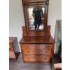 Image 9 : Oak dresser featuring three drawers with brass handles, decorative leaf carving, and attached vertic