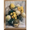 Image 2 :  vintage floral still life print on canvas featuring yellow and white chrysanthemums in a vase, sign