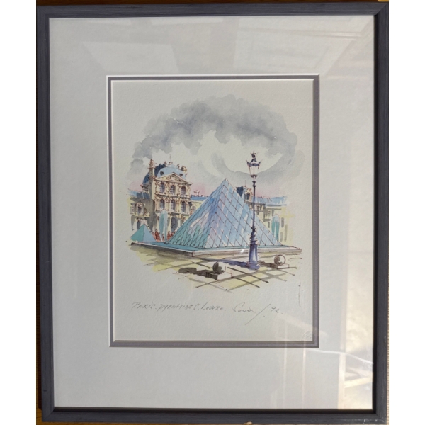  signed watercolor painting titled "Paris Pyramides Louvre," dated '92, depicting the Louvre Pyramid